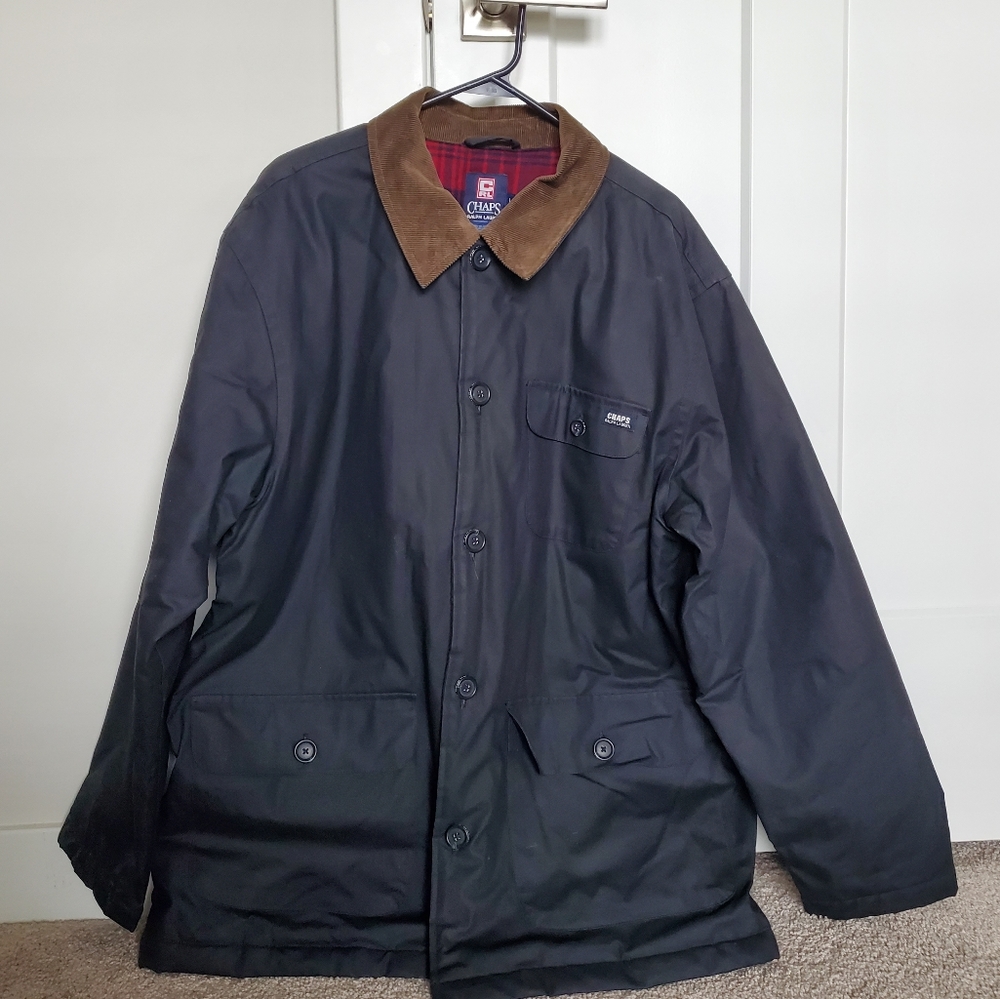Chaps Ralph Lauren Men's L Coat, Corduroy Collar, Red Plaid Flannel Inside
